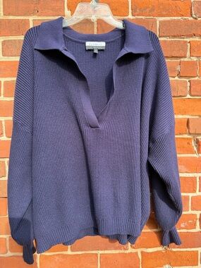 Eloquii Deep Navy Ribbed V-Neck Collared Sweater